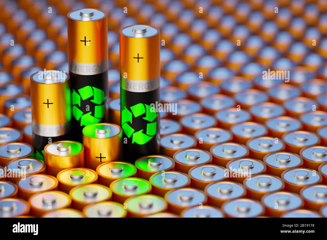 Concentration of renewable energy. Recycling old batteries. Safe energy.  Ban nuclear power plants. 3d render Stock Photo - Alamy