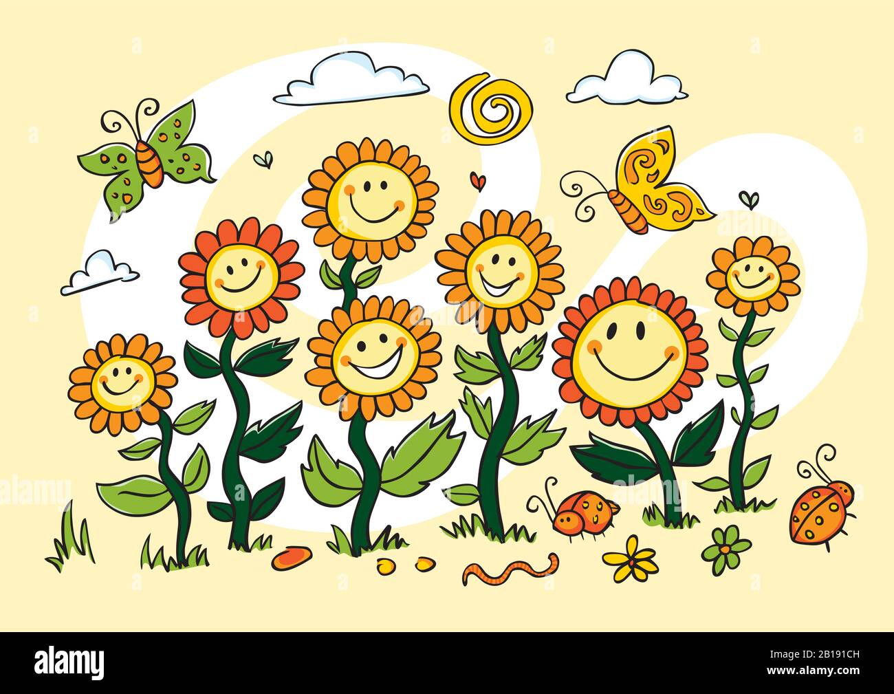 Vector yellow colourful cartoon sunflowers illustration. Suitable for greeting cards and wall murals. Stock Vector