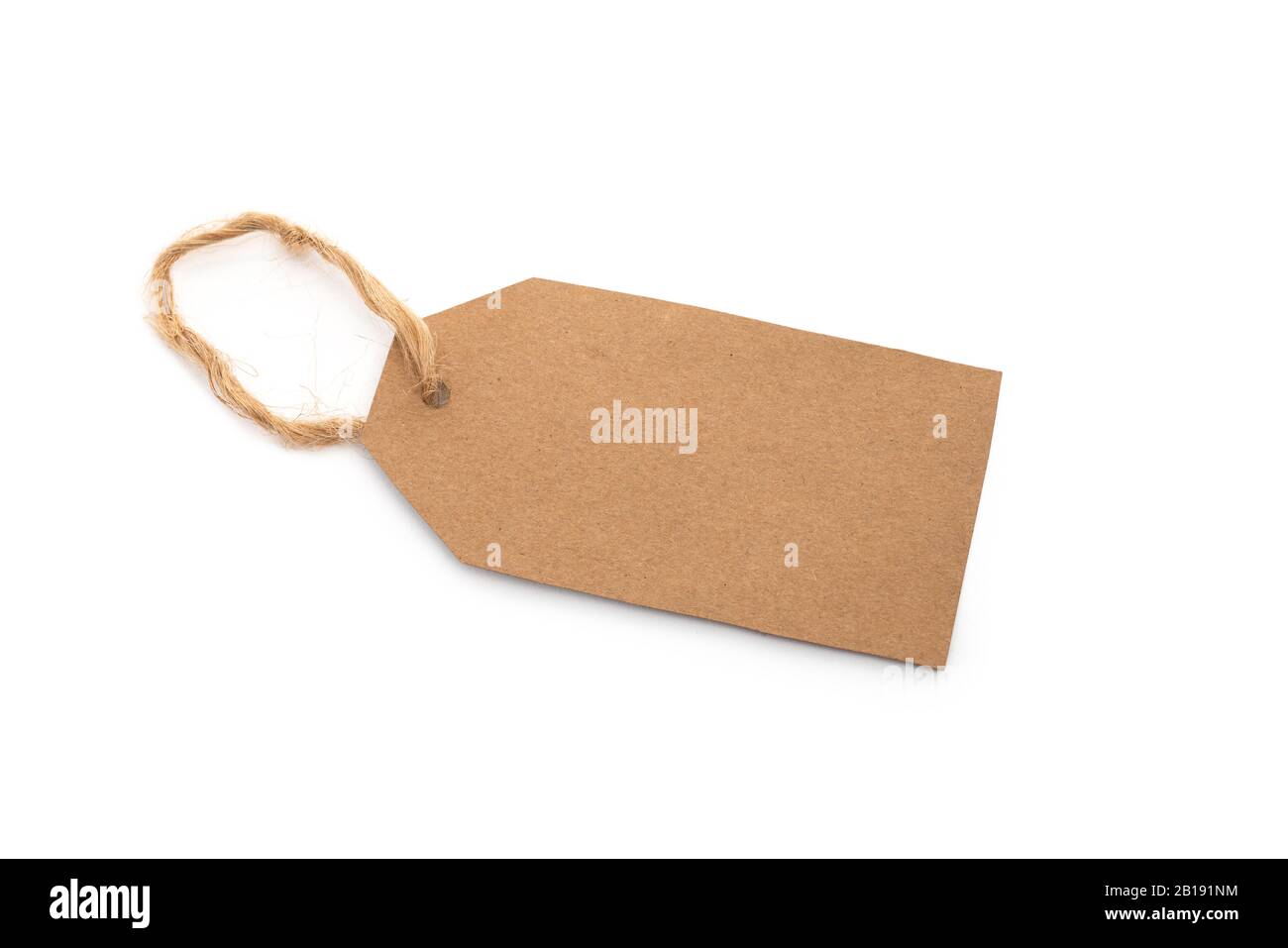 Price, discount or information tag on recycled paper with a hanging string. isolated on white Stock Photo