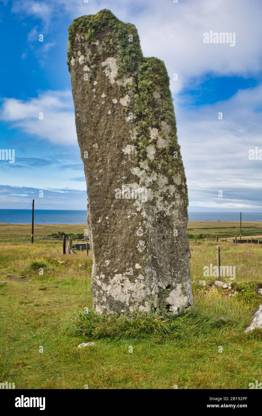 Trussel Stone (Clach an Trushal in Gaelic) is sited in the village of Ballantrushal on the west side of the island of Lewis, Outer Hebrides, Scotland Stock Photo