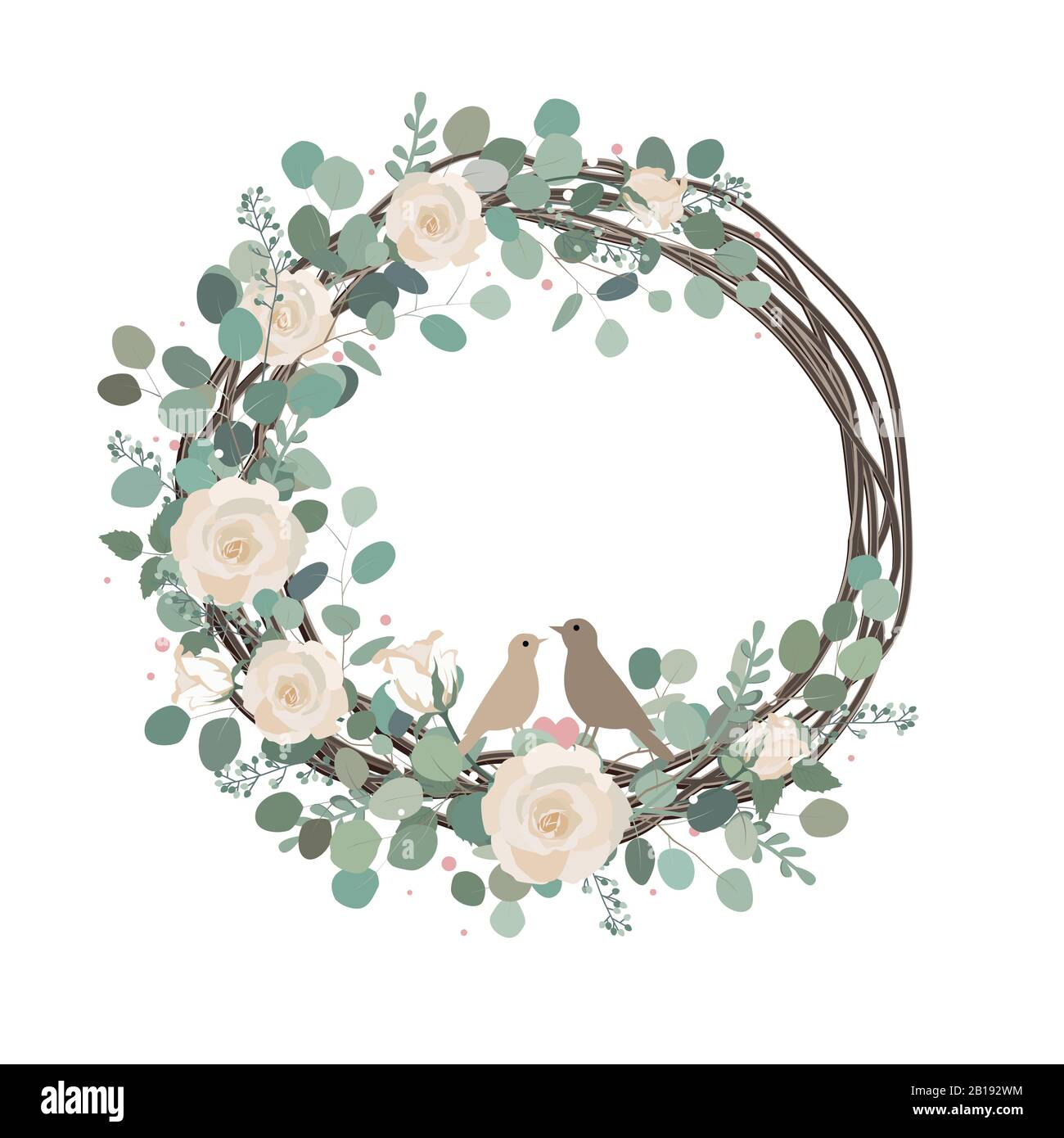Happy Easter Spring vector card with roses, eucalyptus branches, and birds couple. Rustic vintage composition on white, home decor Stock Vector