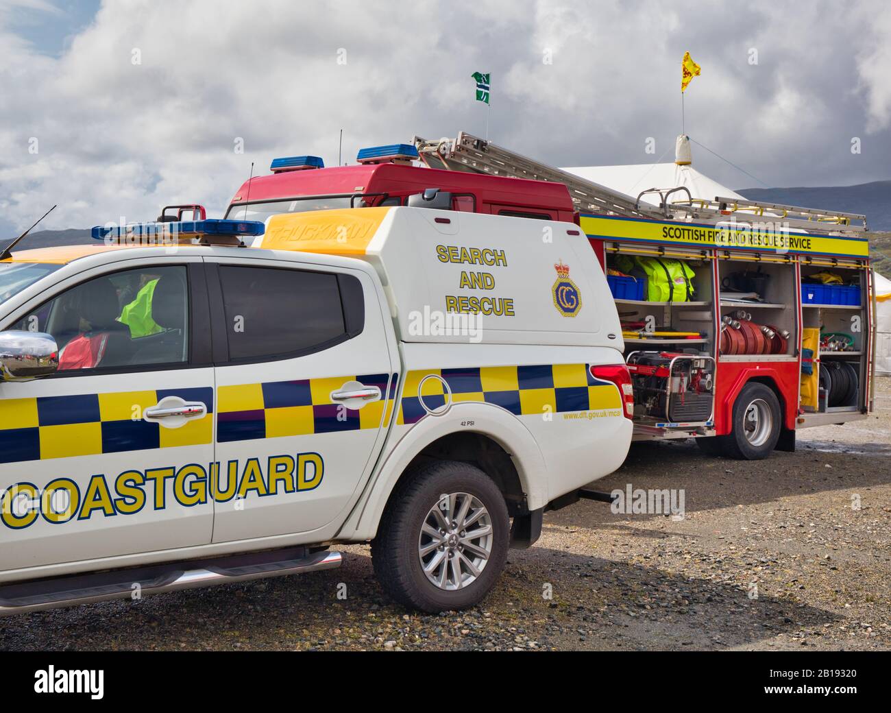 Scottish fire and rescue service fire engine and Scottish coastguard vehicle, Tarbert, Isle of Harris, Outer Hebrides, Scotland Stock Photo