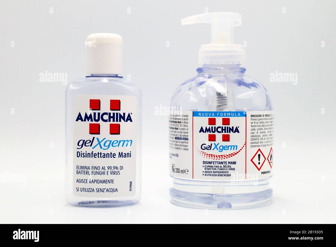 AMUCHINA Gel XGERM Hand Sanitizer. Liquid used to decrease infectious agent  Virus, Fungi and Bacteria. AMUCHINA is an Italian brand of ACRAF ANGELINI  Stock Photo - Alamy
