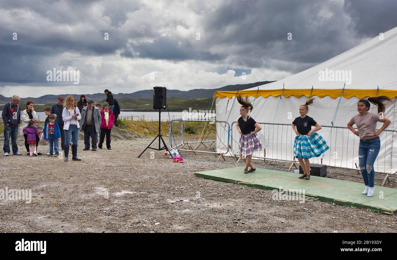 Performance of highland dancing by girls at the 2019 North Harris Agricultural Show, Tarbert, Isle of Harris, Outer Hebrides, Scotland Stock Photo