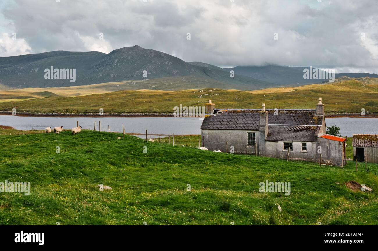 Croft house next to loch amongst wild rugged scenery on the Isle of Lewis and Harris, Outer Hebrides, Scotland Stock Photo