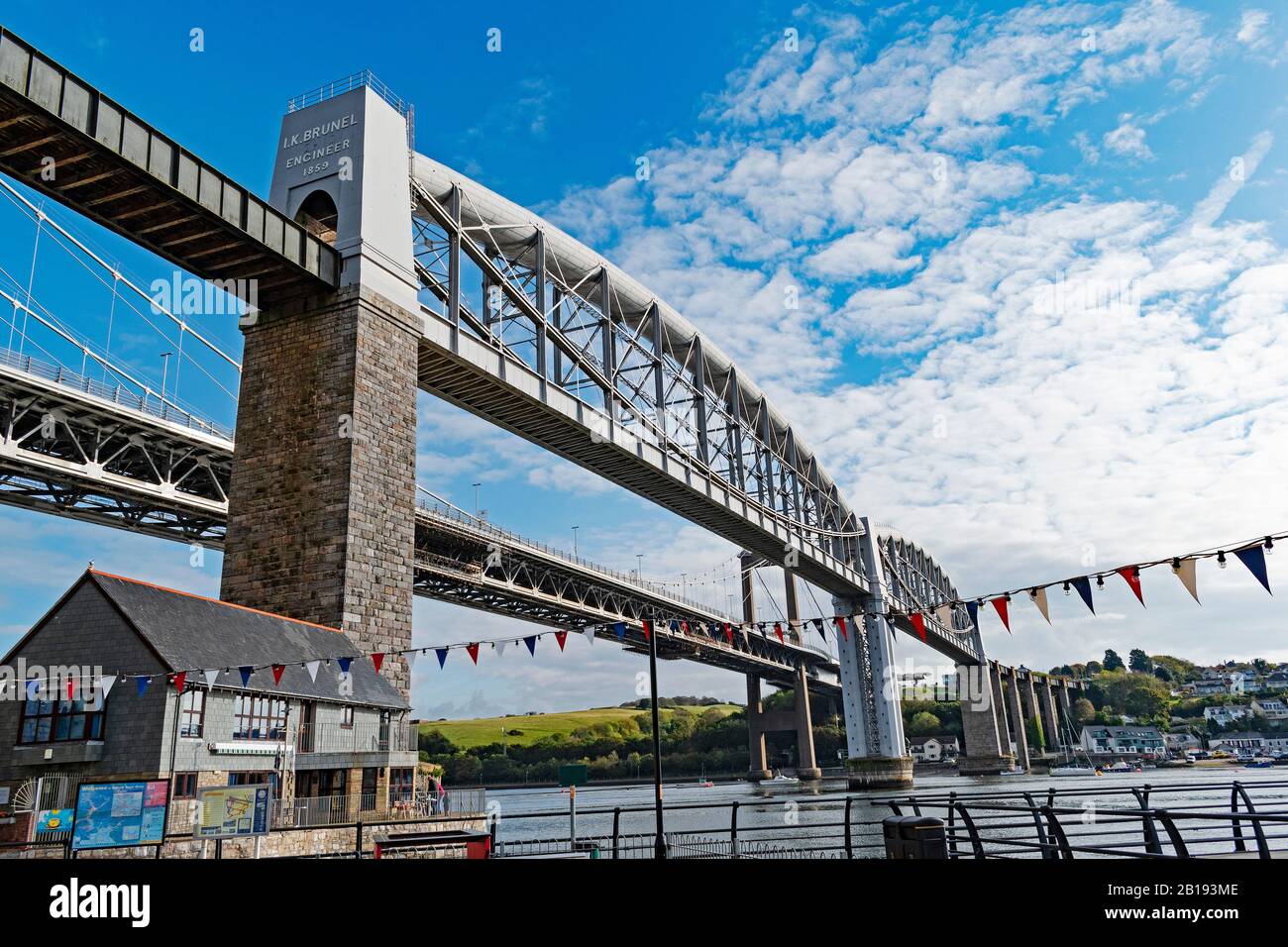 the royal albert bridge designed by isambard kingdom brunel spans the river tamer at saltash and plymouth seperating cornwall from devon, england brit Stock Photo