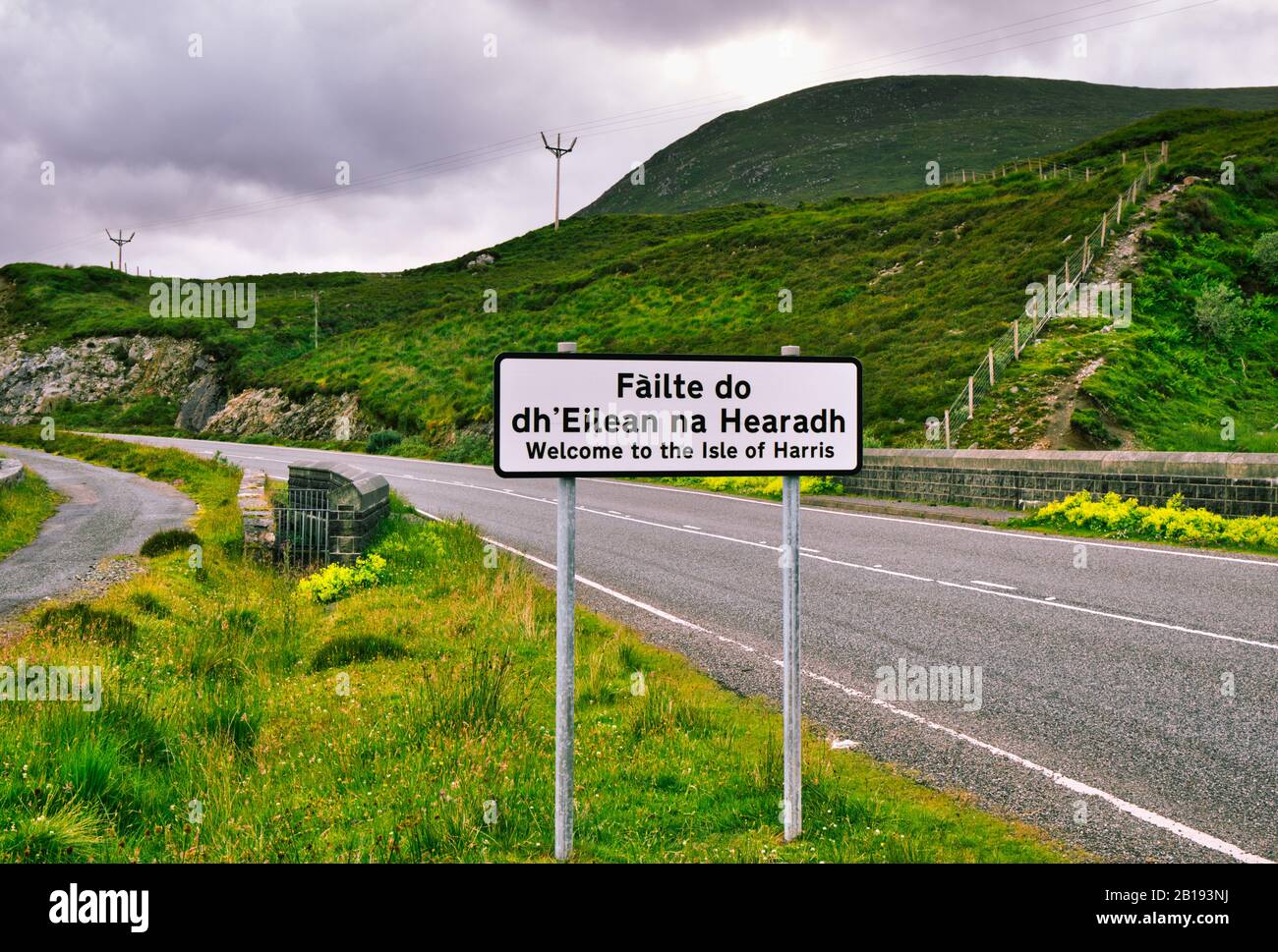 Welcome to Isle of Harris sign, Isle of Lewis and Harris, Outer Hebrides, Scotland Stock Photo