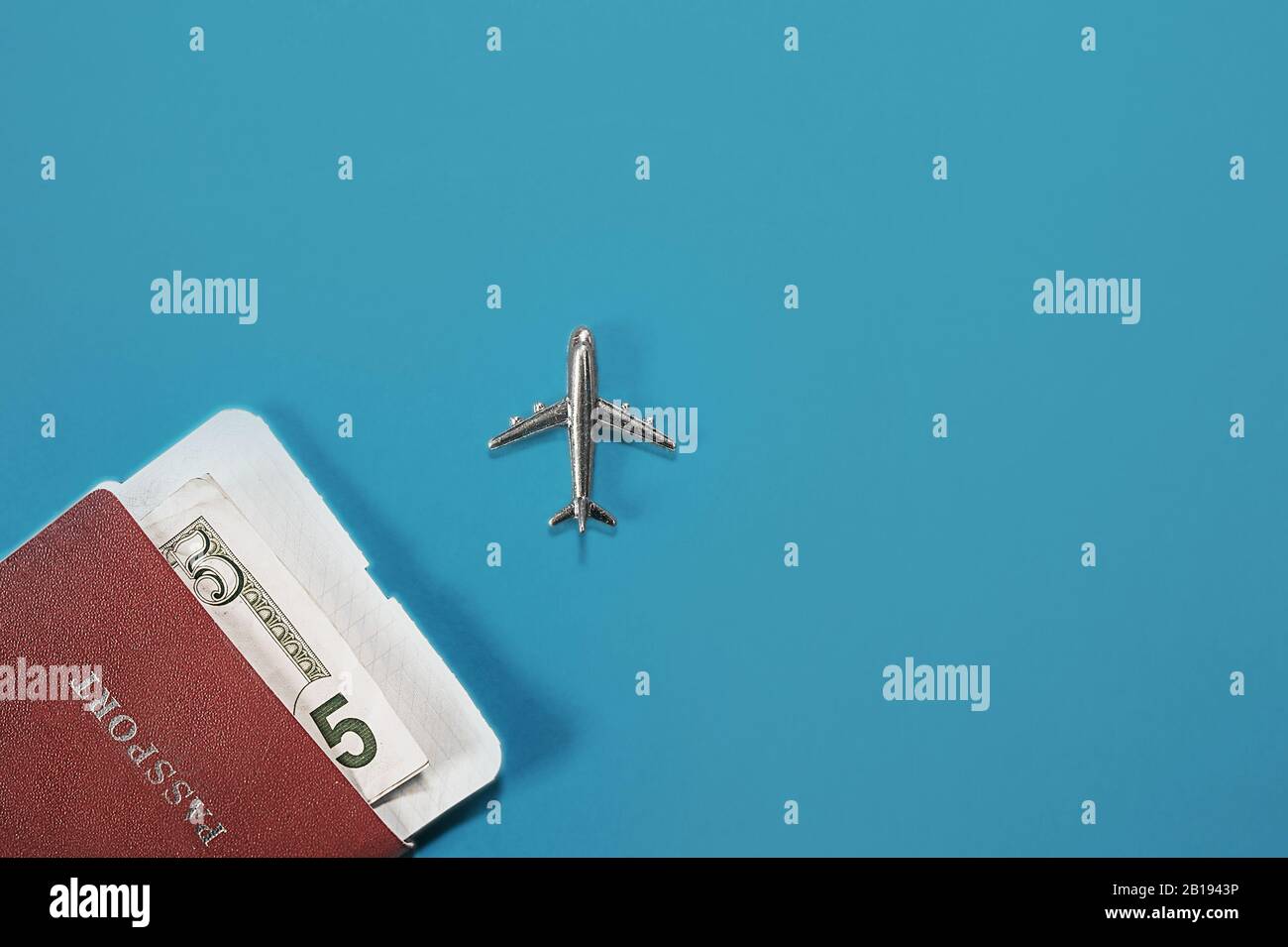 Readymade layout for tourism and travel by plane. Passport and cash in