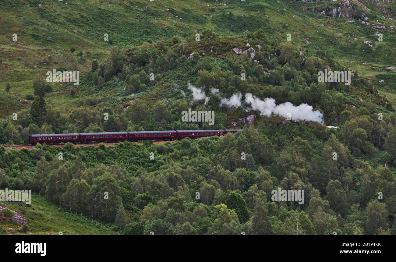 Jacobite steam train blowing steam as it crosses the Glenfinnan Viaduct, Glenfinnan, Inverness-shire, Scotland Stock Photo