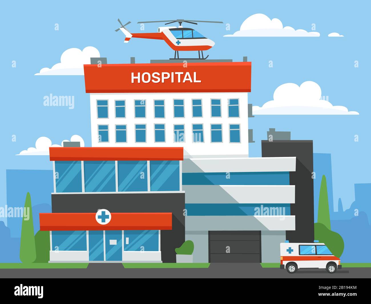 Cartoon hospital building. Emergency clinic, urgent medical help helicopter and ambulance car. Infirmary center vector illustration Stock Vector