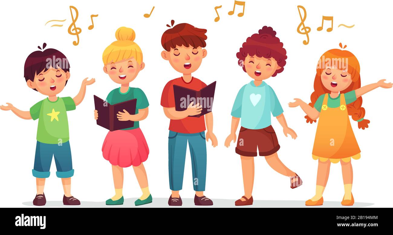 Singing kids. Music school, kid vocal group and children choir sing cartoon vector illustration Stock Vector