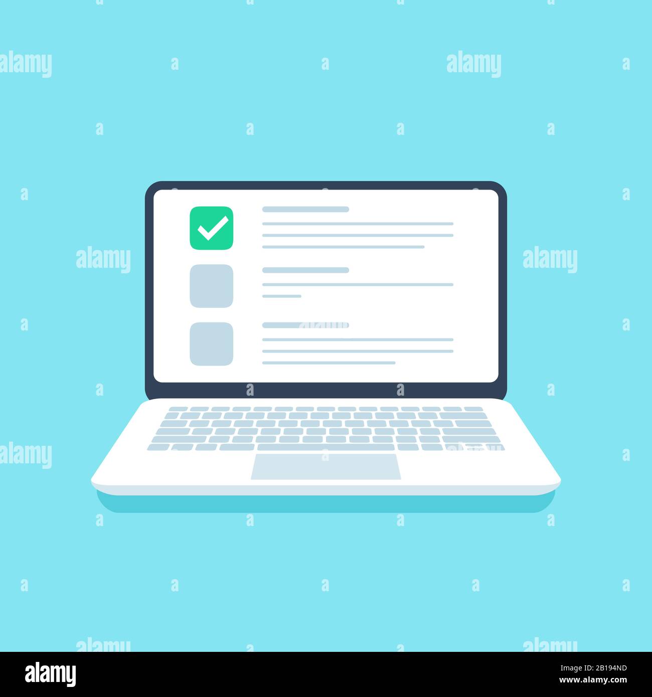 Online quiz checklist. Web exam, options choice on laptop screen and questionnaire checklists vector illustration Stock Vector