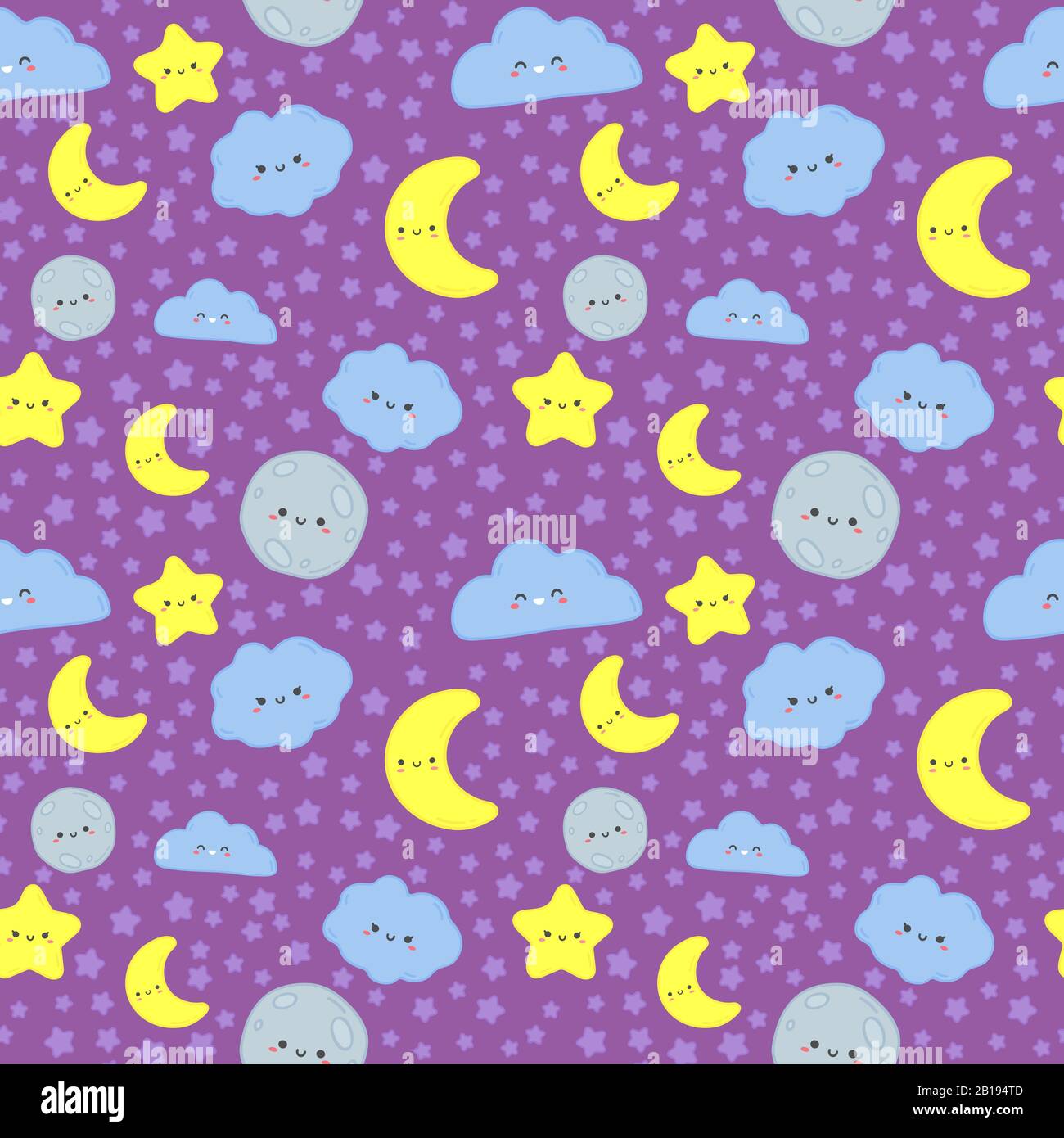 Night sky seamless pattern. Cute moon with sleep face, clouds and stars ...