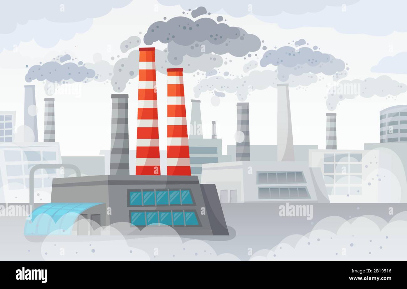 Factory air pollution. Polluted environment, industrial smog and industry smoke clouds vector illustration Stock Vector