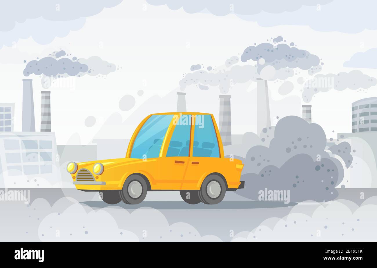 Car air pollution. City road smog, factories smoke and industrial carbon dioxide clouds vector illustration Stock Vector