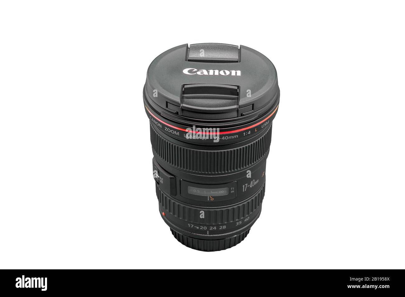 Huelva, Spain - February 23, 2020: View of Canon EF 17-40mm F/4L USM - Canon lens (Focal length 17-40mm, aperture f 4-22, 2.4X optical zoom, diameter: Stock Photo