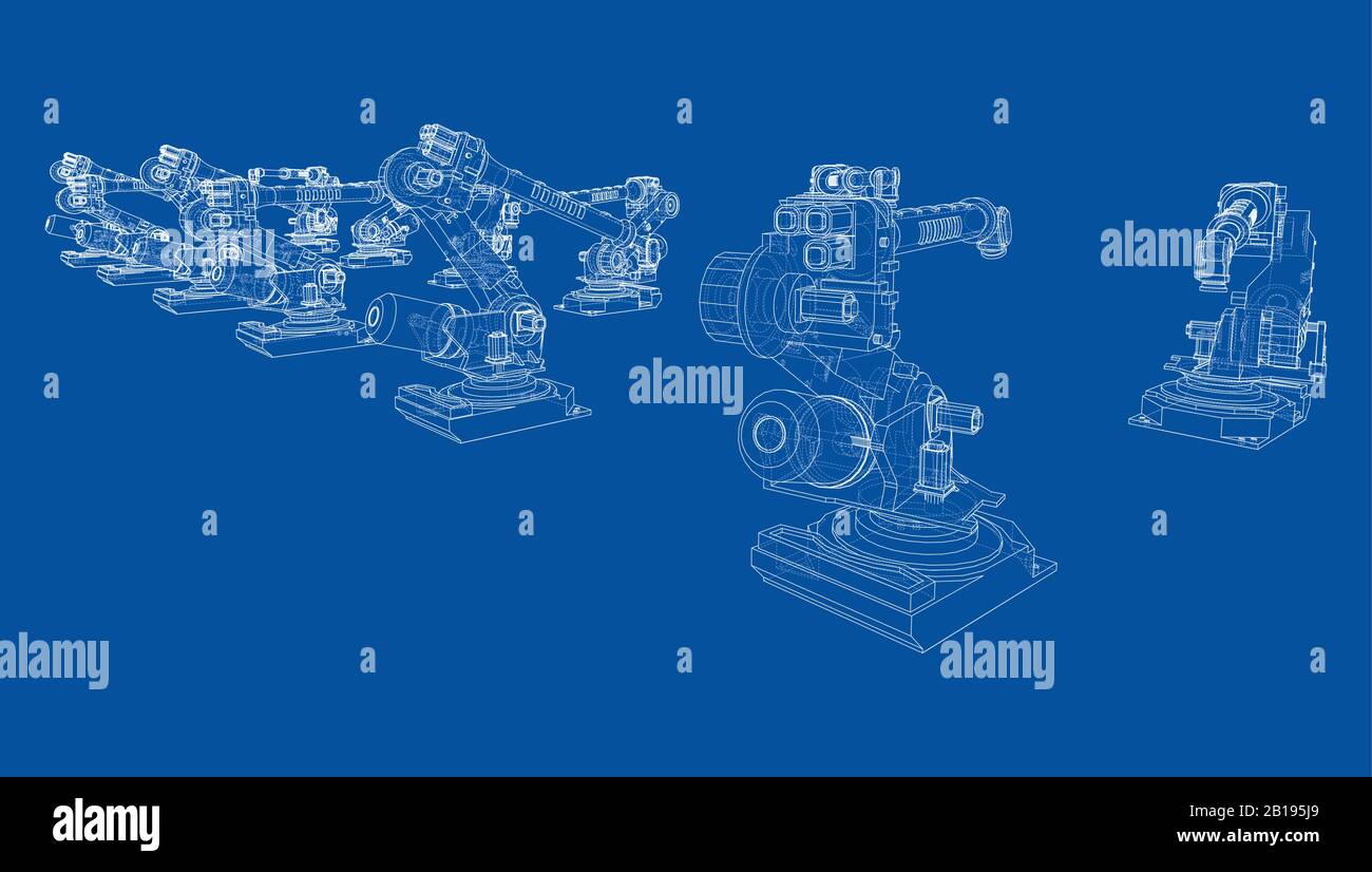 A industral robots manipulators. Blueprint style. Vector rendering from