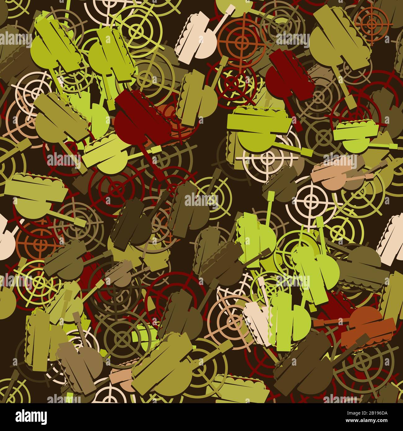 Seamless pattern of a tank military vehicle and a target on a dark background. Vector image Stock Vector