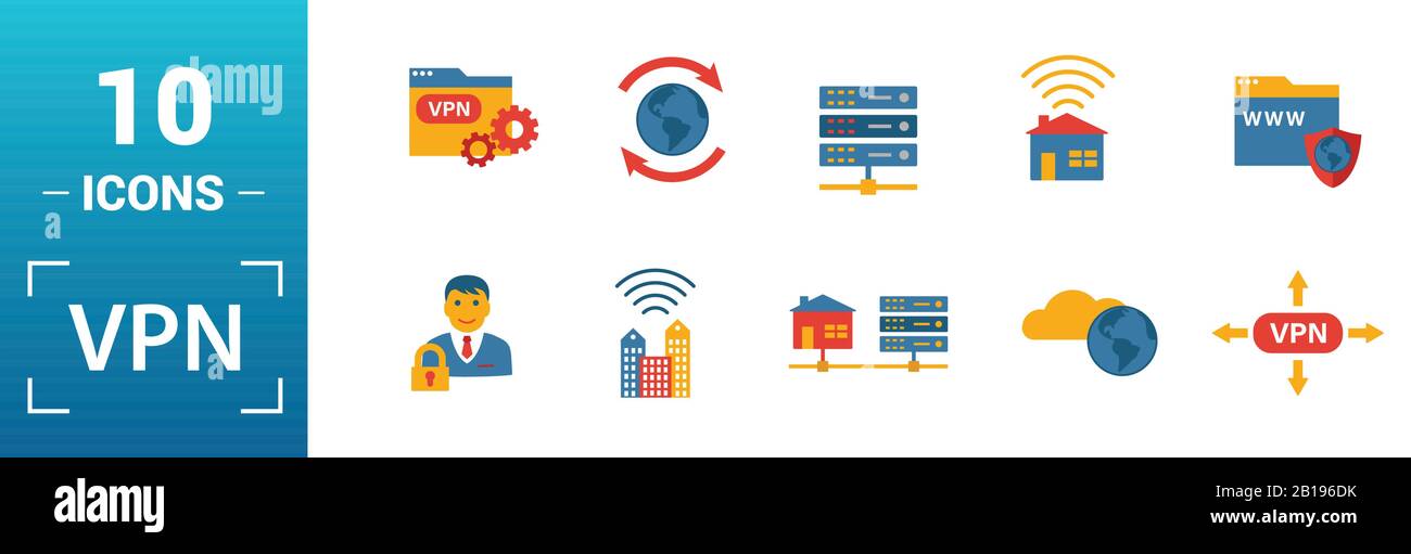 Vpn icon set. Include creative elements , archiving, site security, home server, cloud storage hacking icons. Can be used for report, presentation Stock Vector