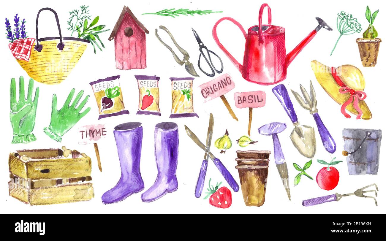 Garden tools watercolor set. Elements for stickers and illustrations.  Spring time design. Permaculture Stock Photo - Alamy