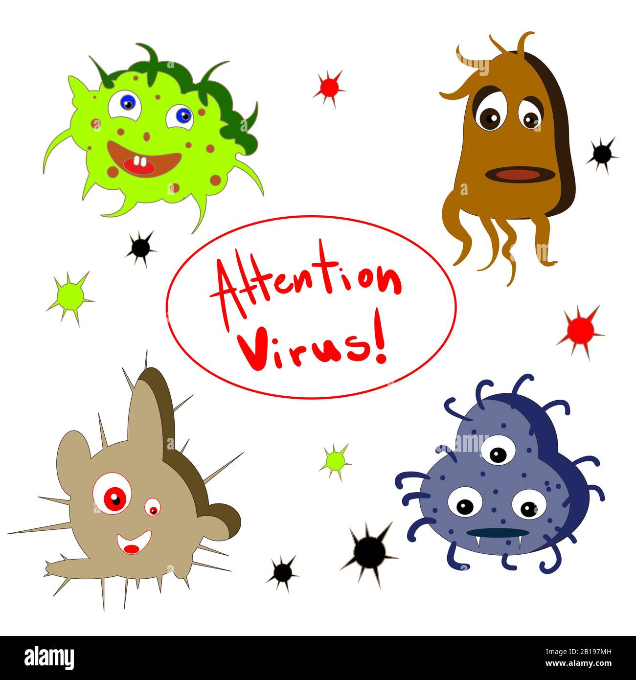 Cartoon virus character vector illustration on white background. Stock Vector