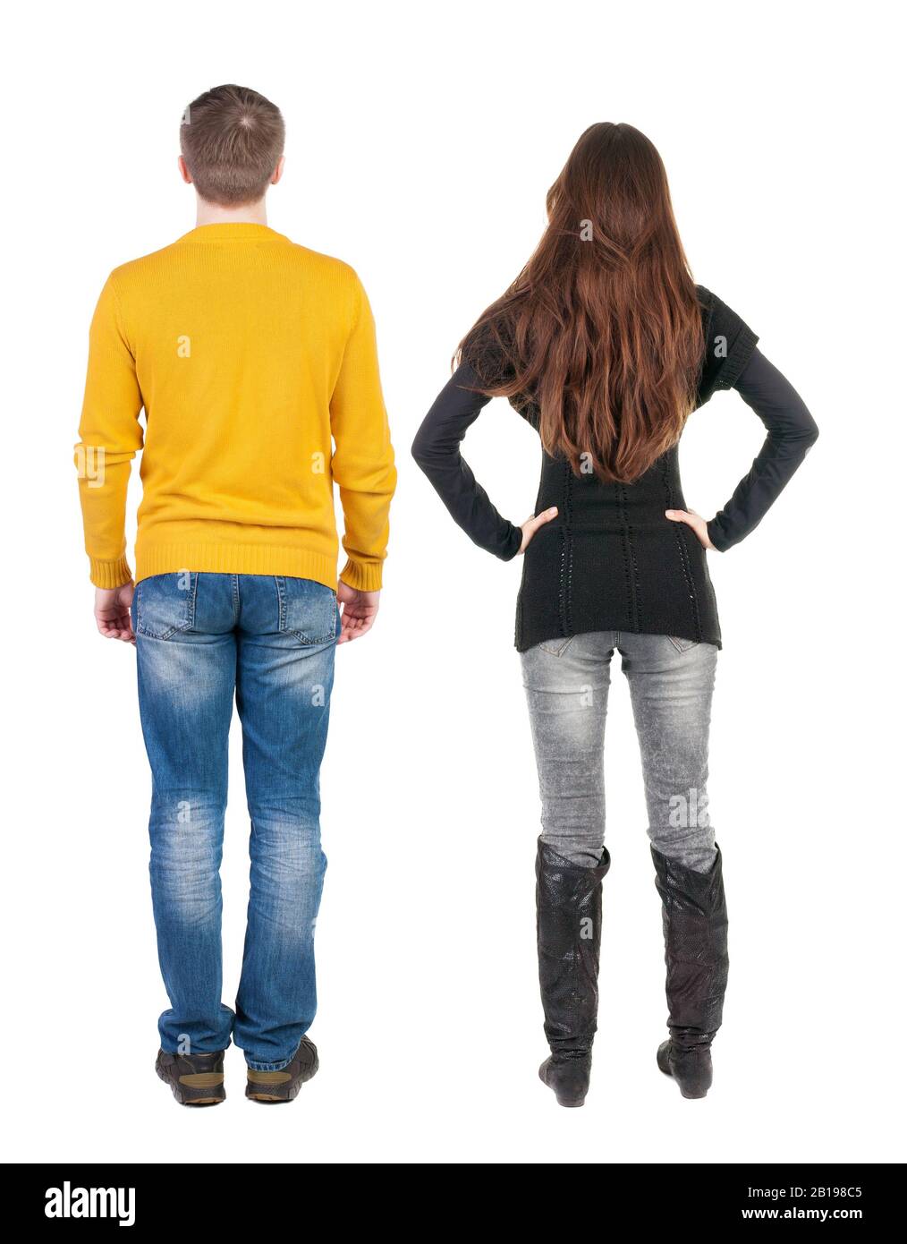 Back view couple in sweater. beautiful man and woman. Rear view people ...