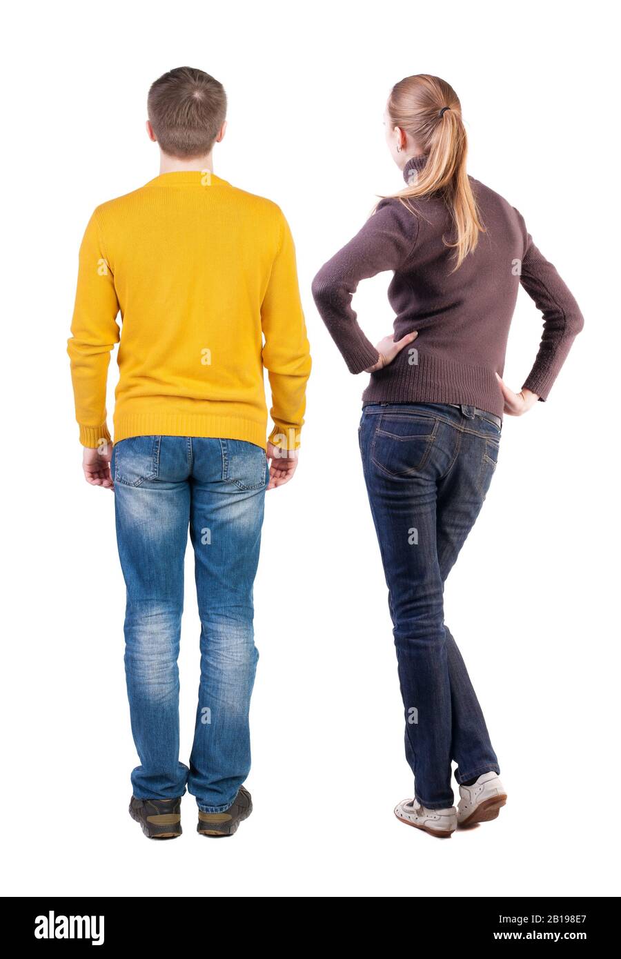 Back view couple in sweater. beautiful man and woman. Rear view people ...