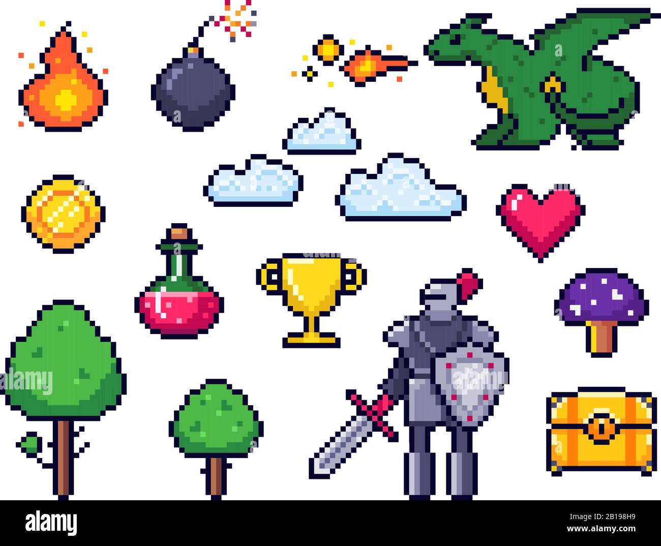 Pixel game elements. Pixelated warrior and 8 bit pixels dragon. Retro games clouds, trees and icons vector set Stock Vector