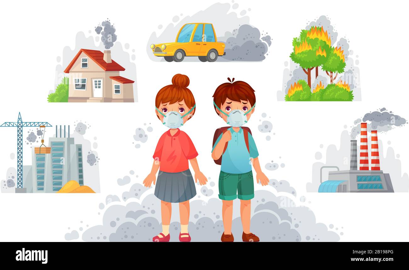 Children in N95 masks. Dirty environment protection, face mask protect from street smoke and PM2. 5 vector illustration Stock Vector
