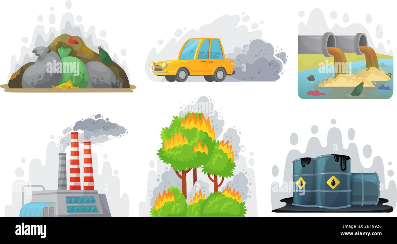 Environmental pollution. Contaminated air, industrial radioactive waste and ecological awareness vector illustration set Stock Vector