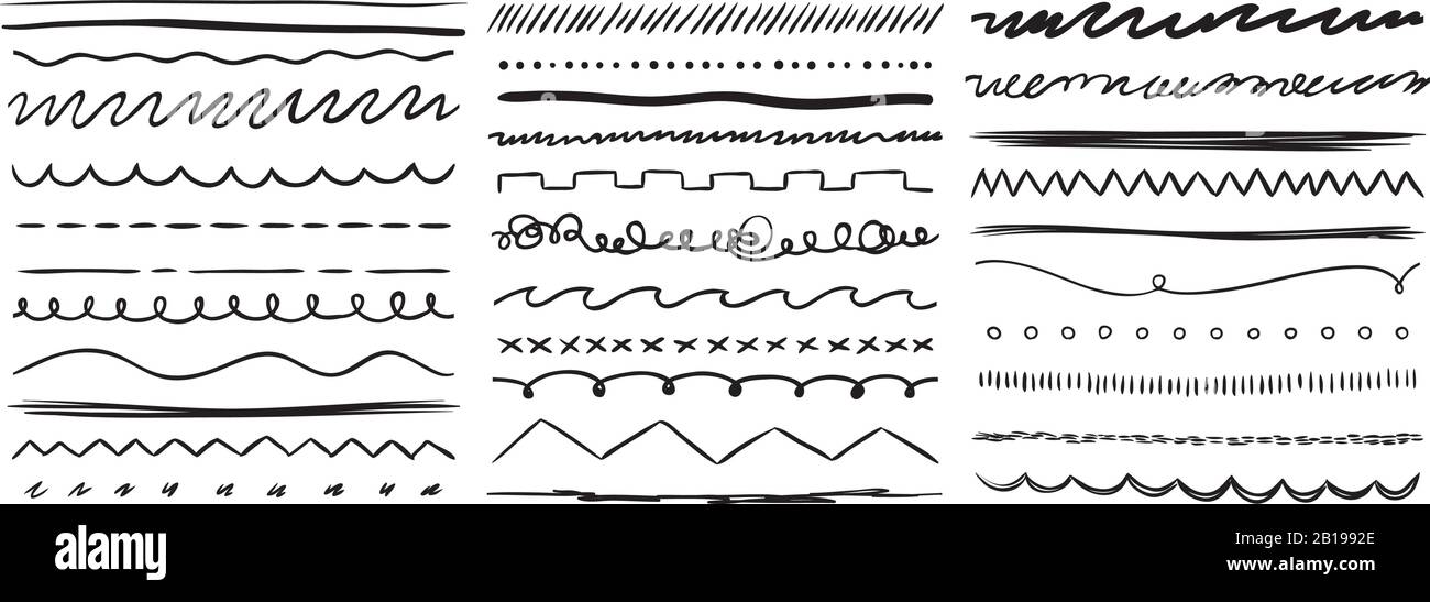 Hand drawn lines. Marker line divider, handmade pencil strokes brush and drawing dividers vector elements set Stock Vector
