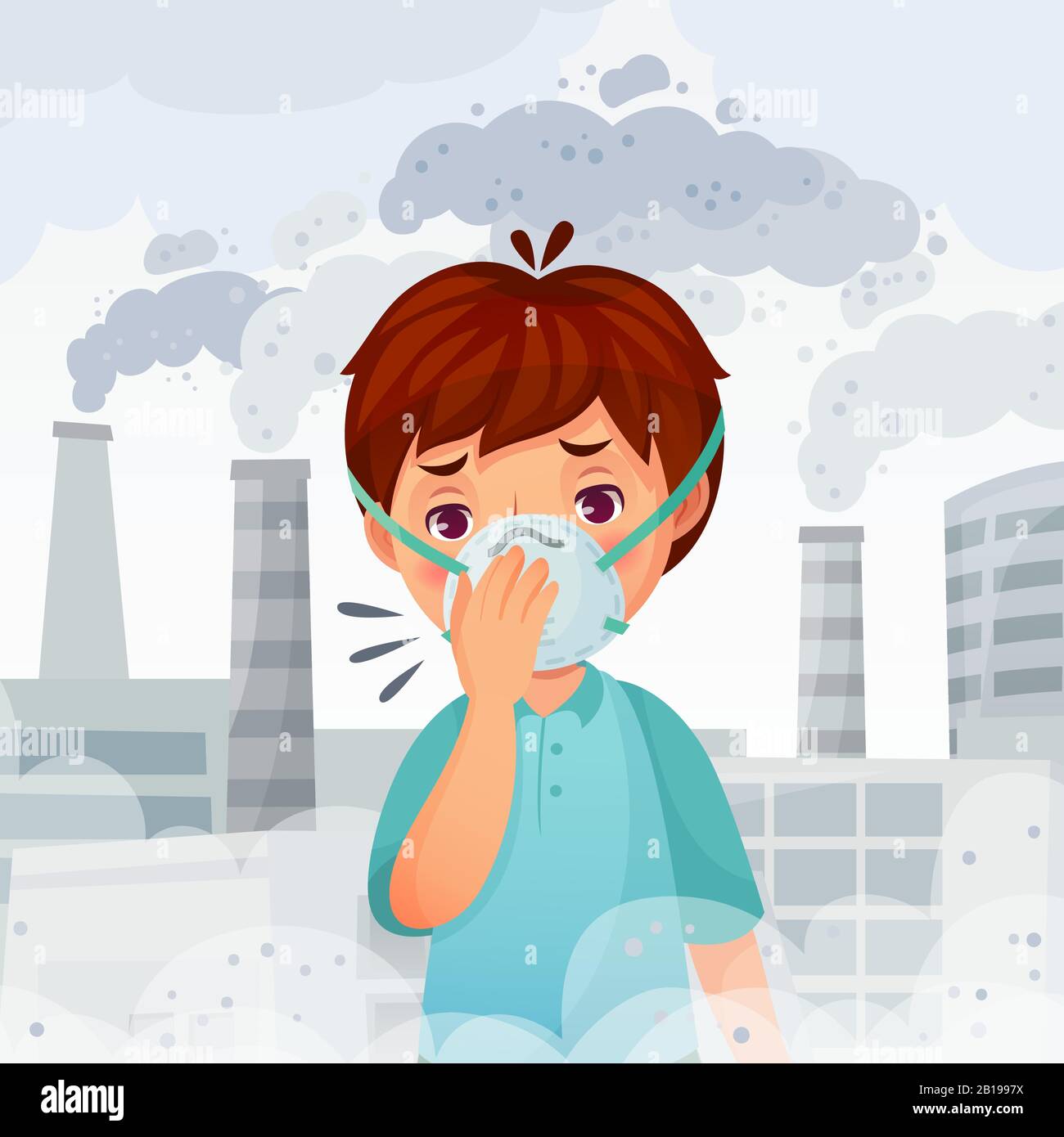 Boy wearing N95 mask. Dust PM 2.5 air pollution, young men breath protection and safe face mask cartoon vector illustration Stock Vector