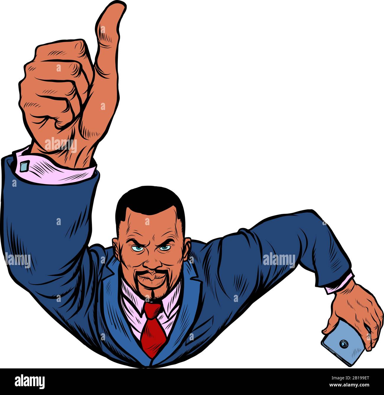 African businessman with a smartphone like, thumbs up. Flying like a superhero Stock Vector