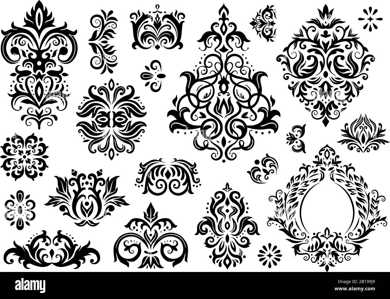 Damask ornament. Vintage floral sprigs pattern, baroque ornaments and victorian decor ornamental patterns vector illustration set Stock Vector