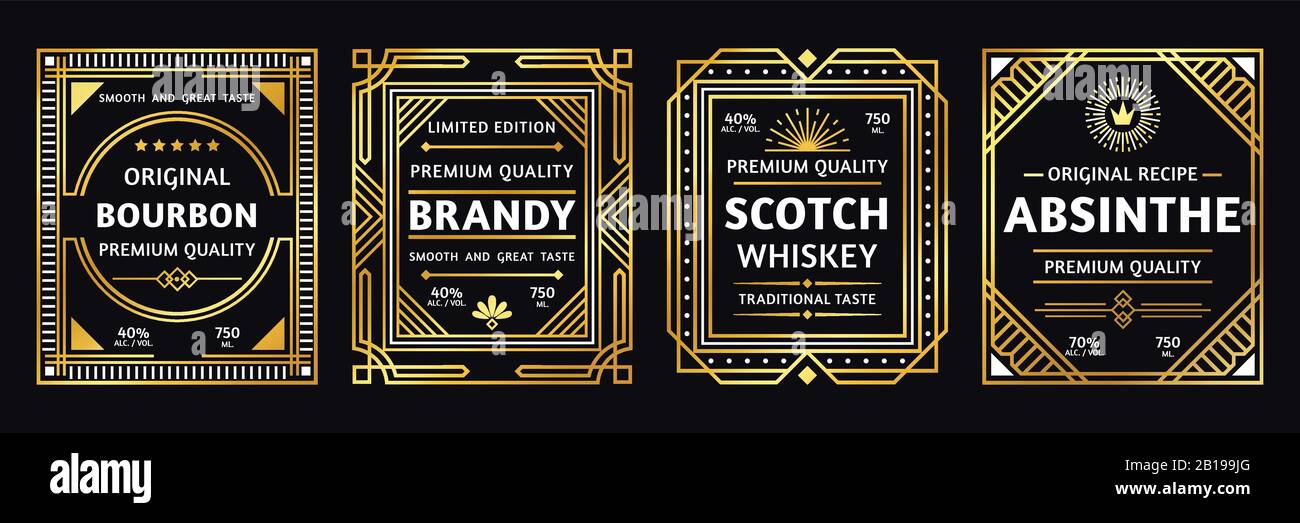 Art deco alcohol label. Vintage bourbon scotch, retro brandy and absinthe labels vector illustration Stock Vector