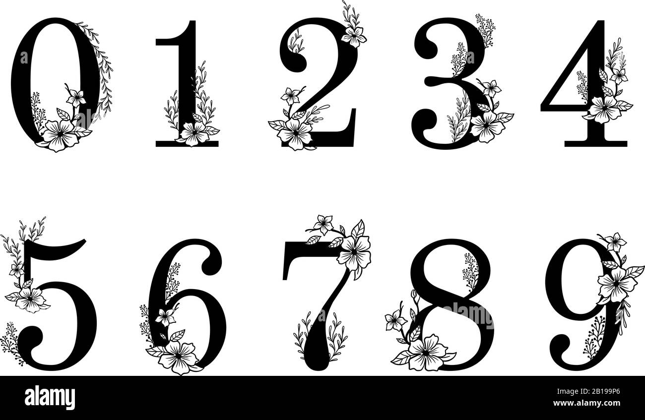 Flower ornate numbers. Elegant blossom number, floral sprigs date and numeric monogram vector illustration set Stock Vector
