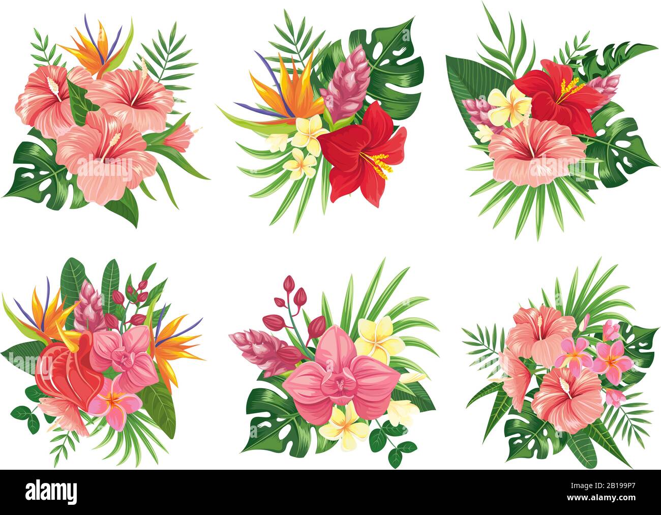 Tropical flowers bouquet. Exotic palm leaves, floral tropic bouquets and tropicals wedding invitation vector illustration set Stock Vector