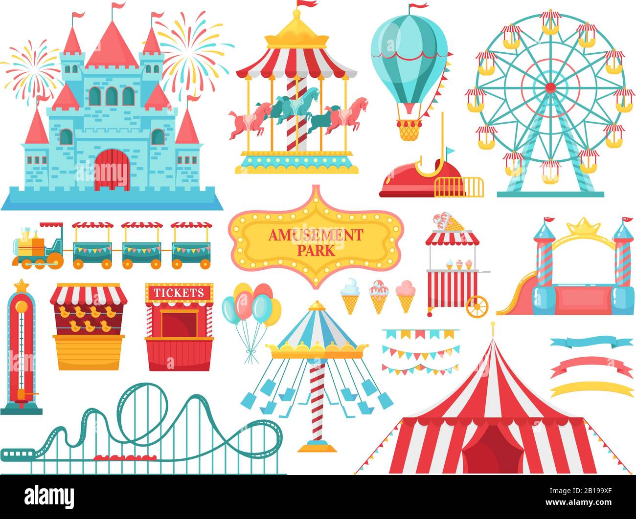 Amusement park attractions. Carnival kids carousel, ferris wheel attraction and amusing fairground entertainments vector illustration Stock Vector