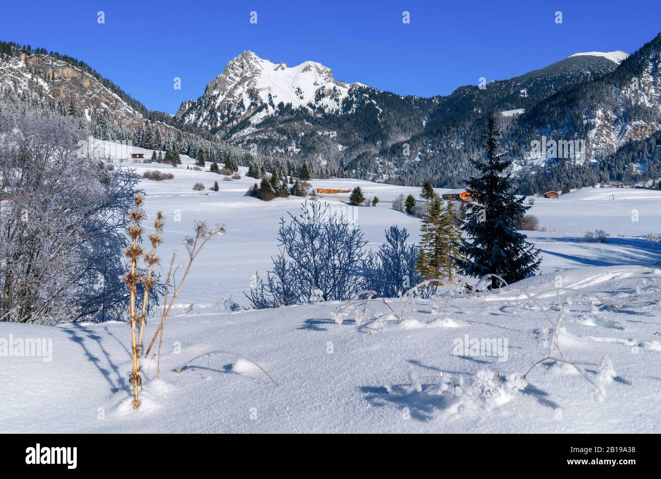 Tannheimer Tal and Augenstein mountain in winter, Austria, Tyrol, Tannheimer Berge Stock Photo