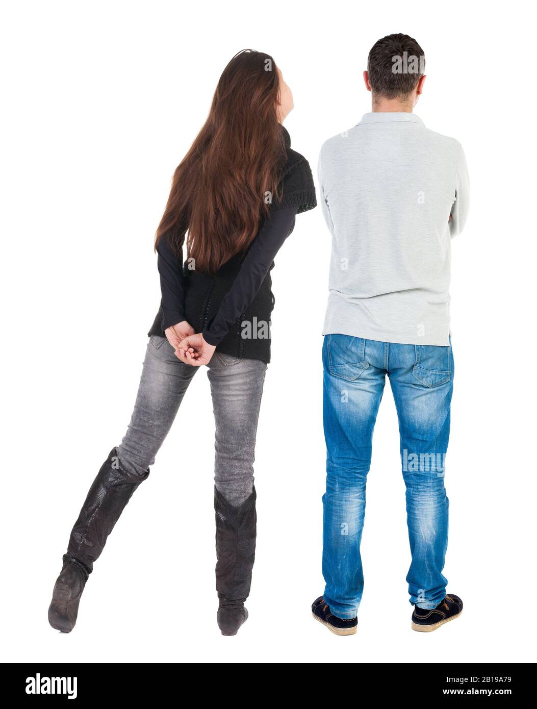Back view couple in sweater. beautiful man and woman. Rear view people ...
