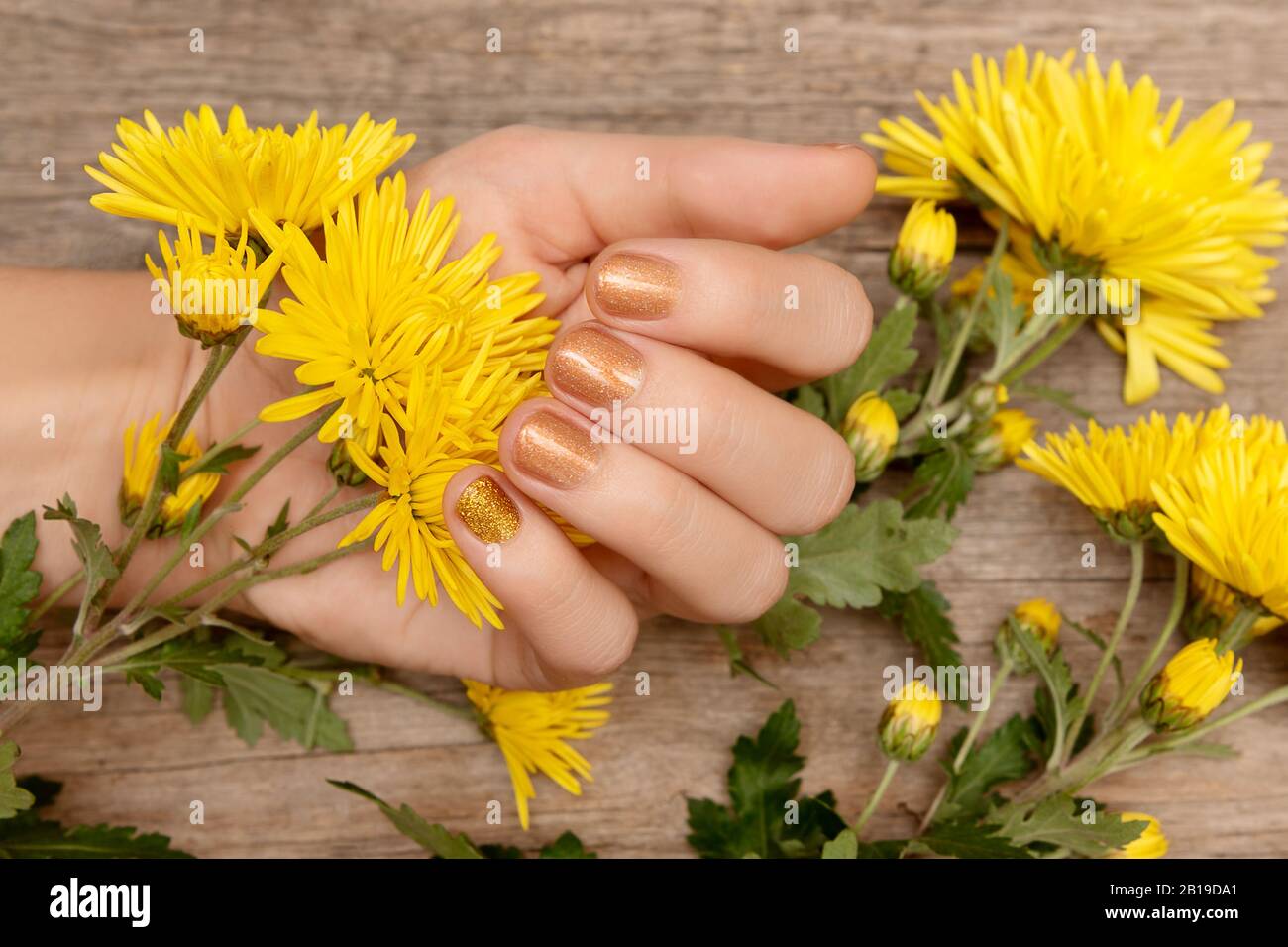 Female hand with glitter nail design holding flowers. Stock Photo