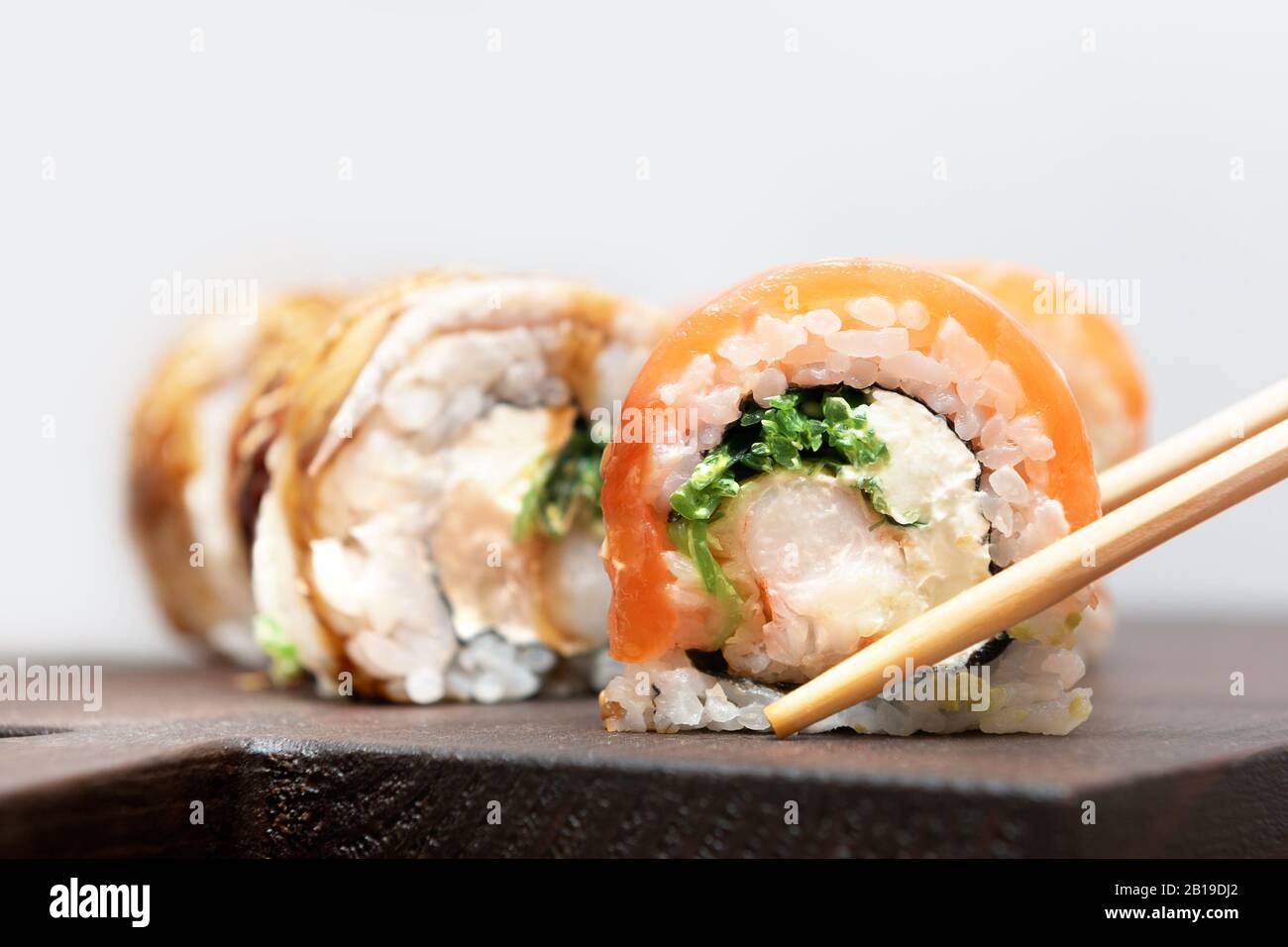Homemade Sushi roll with salmon and cream cheese. Stock Photo