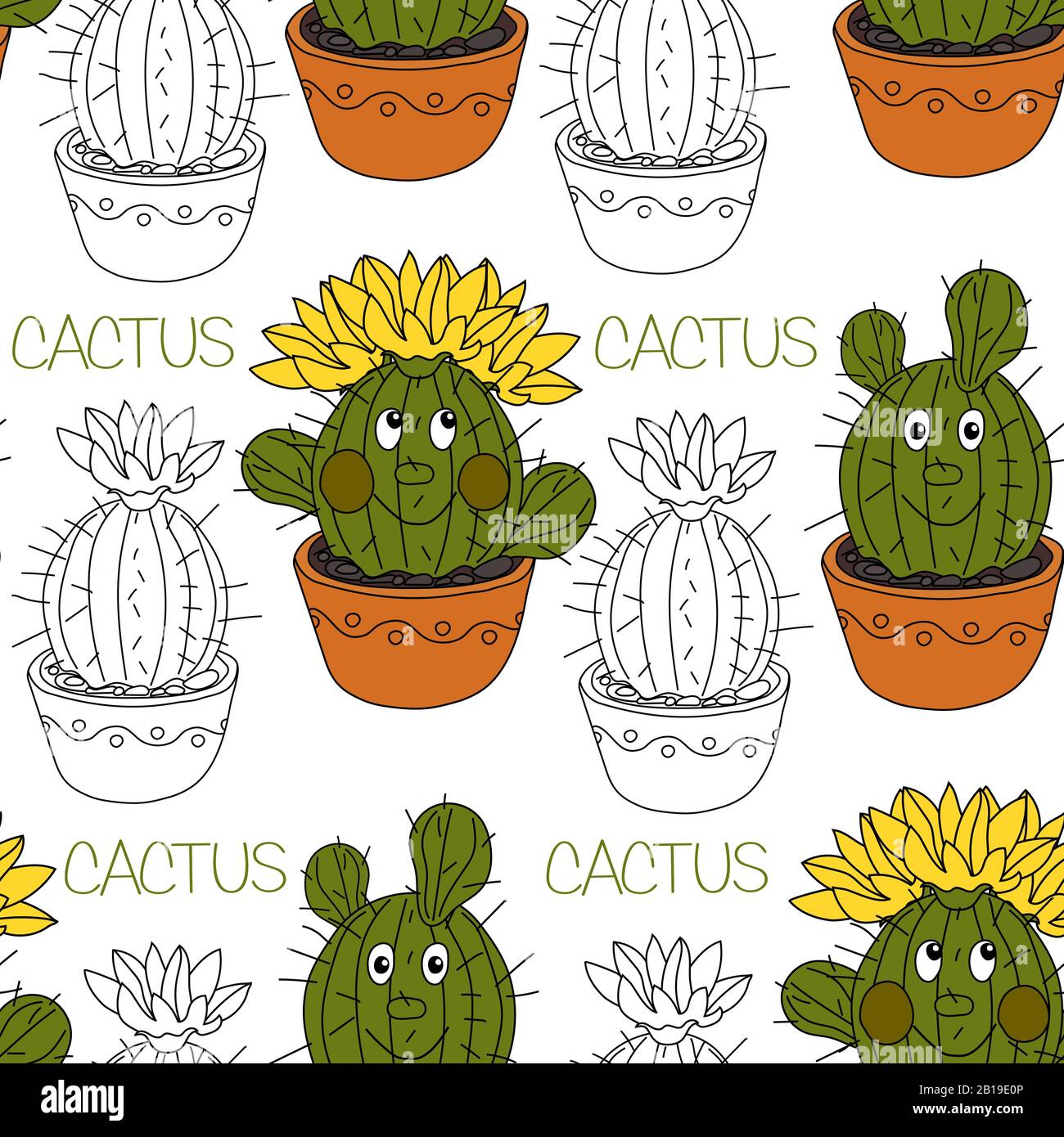 Seamless pattern with cactus and succulents in the pots. Hand drawn ...