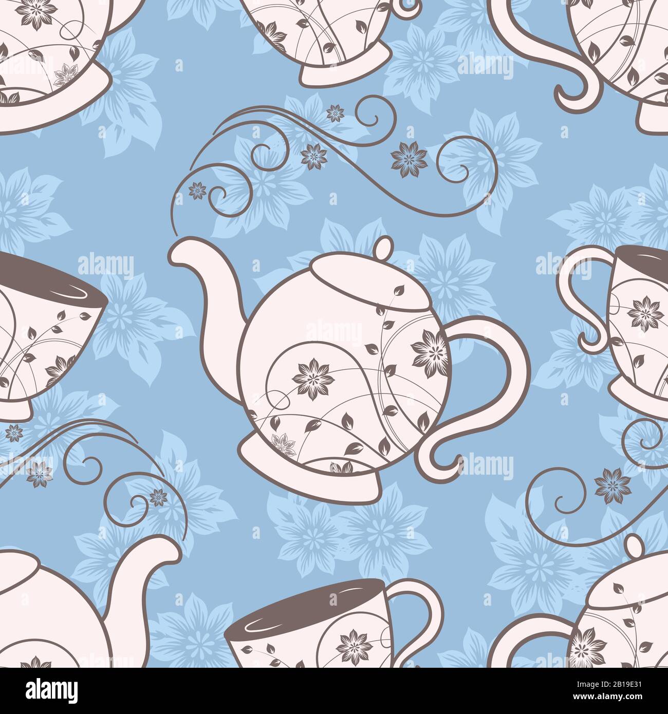 Seamless pattern with teapots and cups with floral design elements. Vector illustration Stock Vector