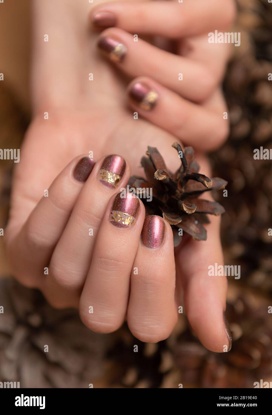 Female hand with brown glitter nail design holding pane cone. Stock Photo