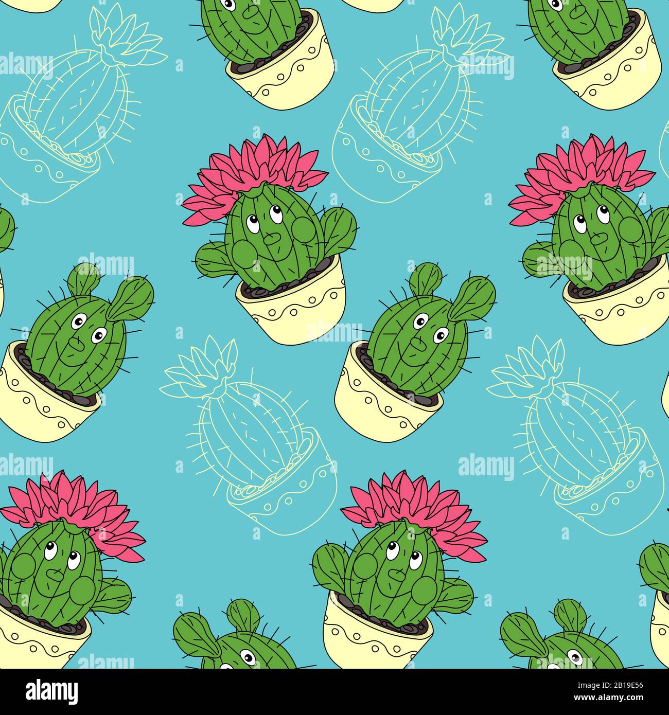 Seamless pattern with cactus and succulents in the pots. Hand drawn ...