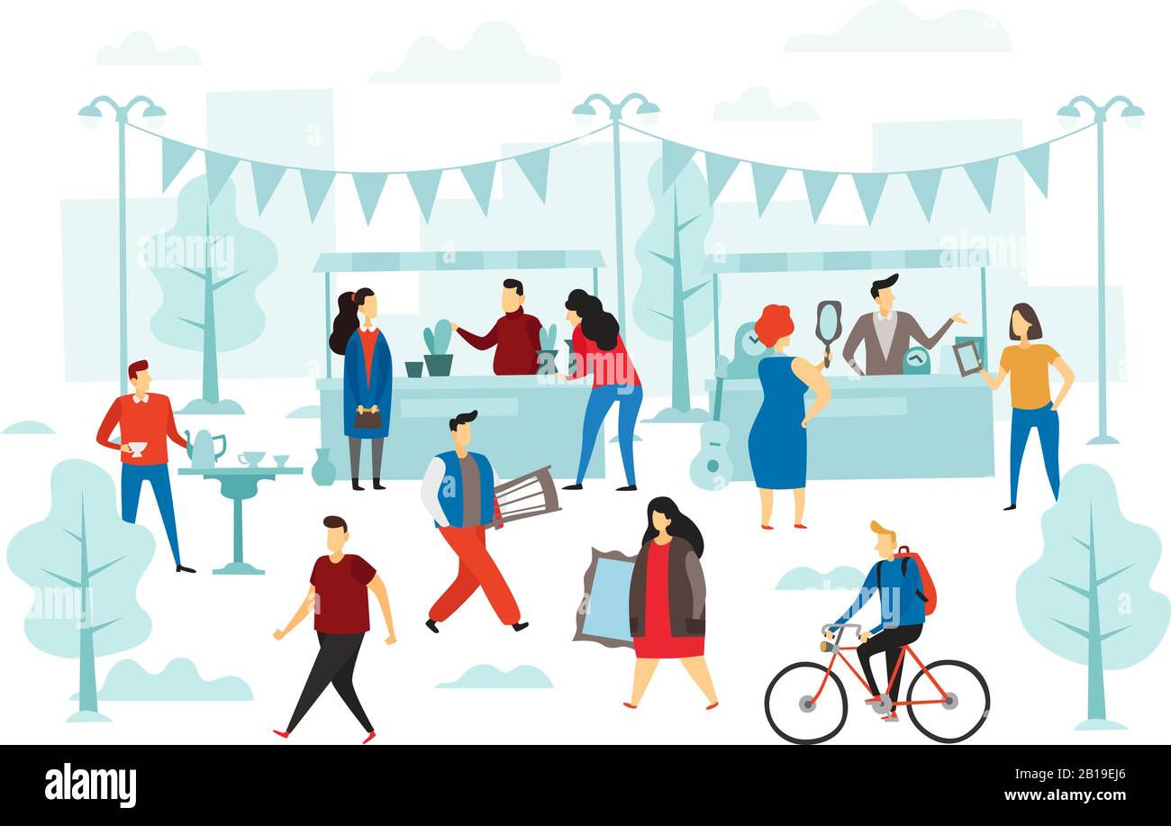 Second hand shop. Flea market, street shop trading stalls and fashion clothes swap. People