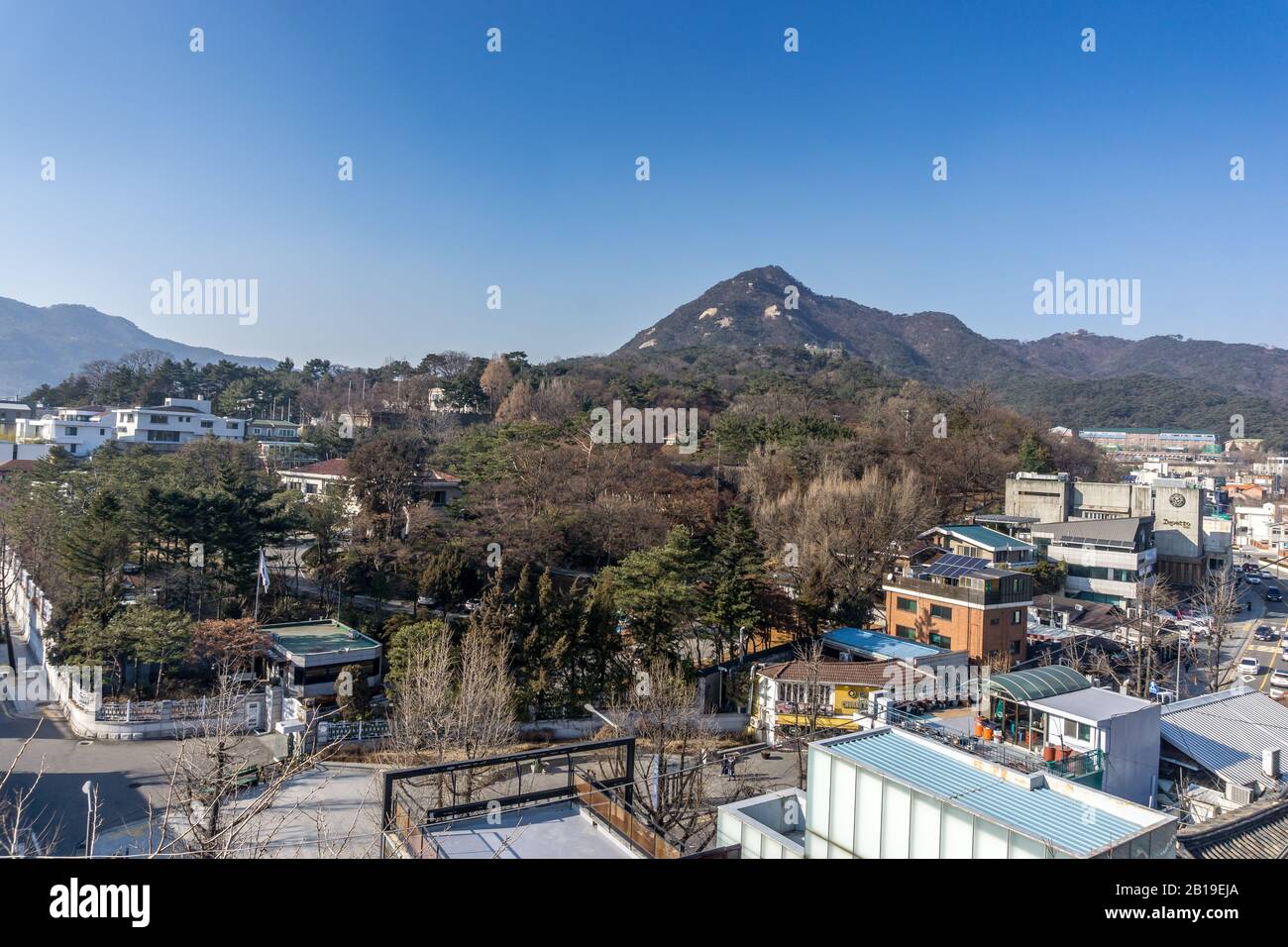 View from Bukchon Hanok Village ,Korean traditional village in Seoul, South Korea, Stock Photo