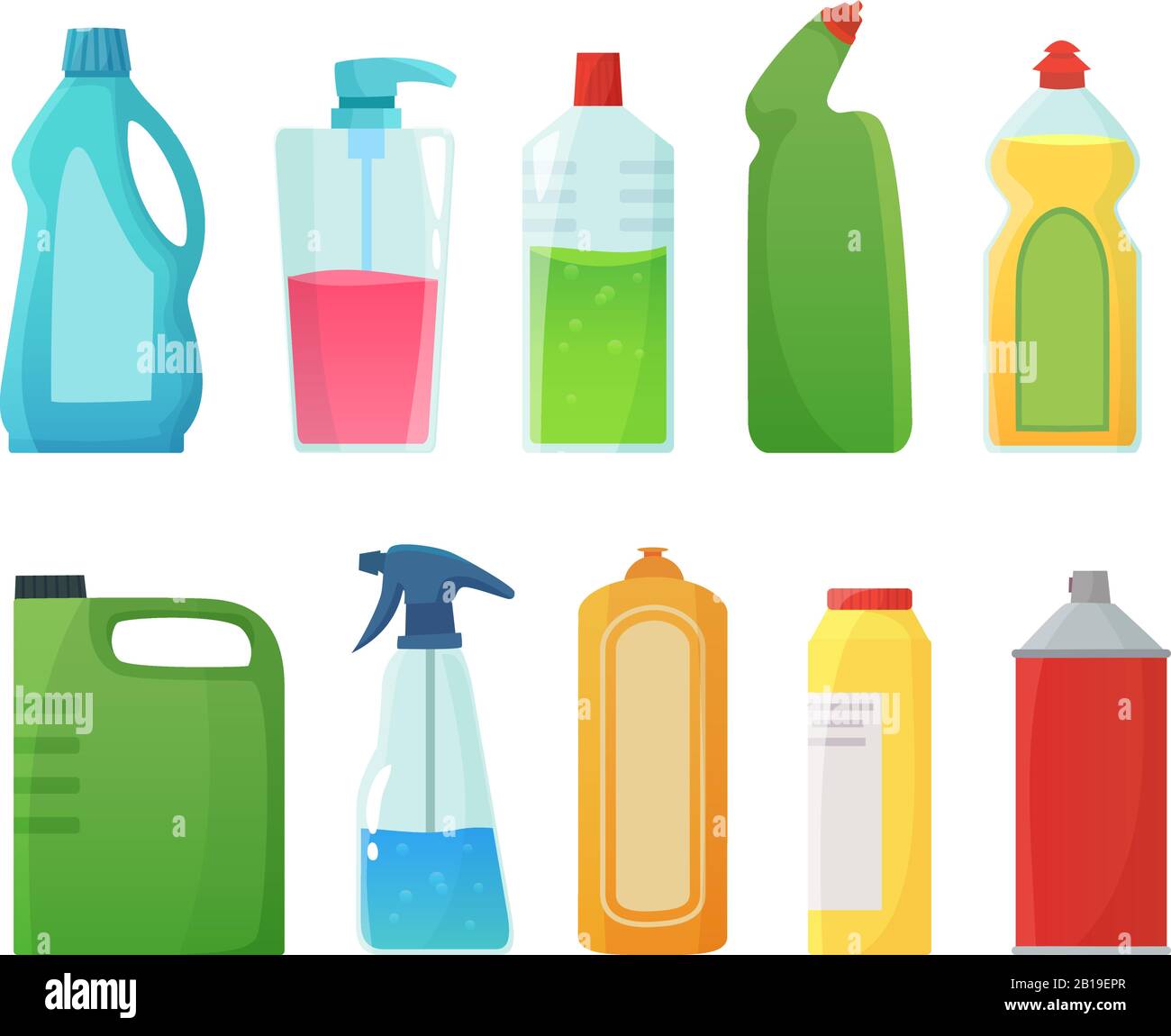 Detergent bottles. Cleaning supplies products, bleach bottle and plastic detergents containers cartoon vector illustration Stock Vector
