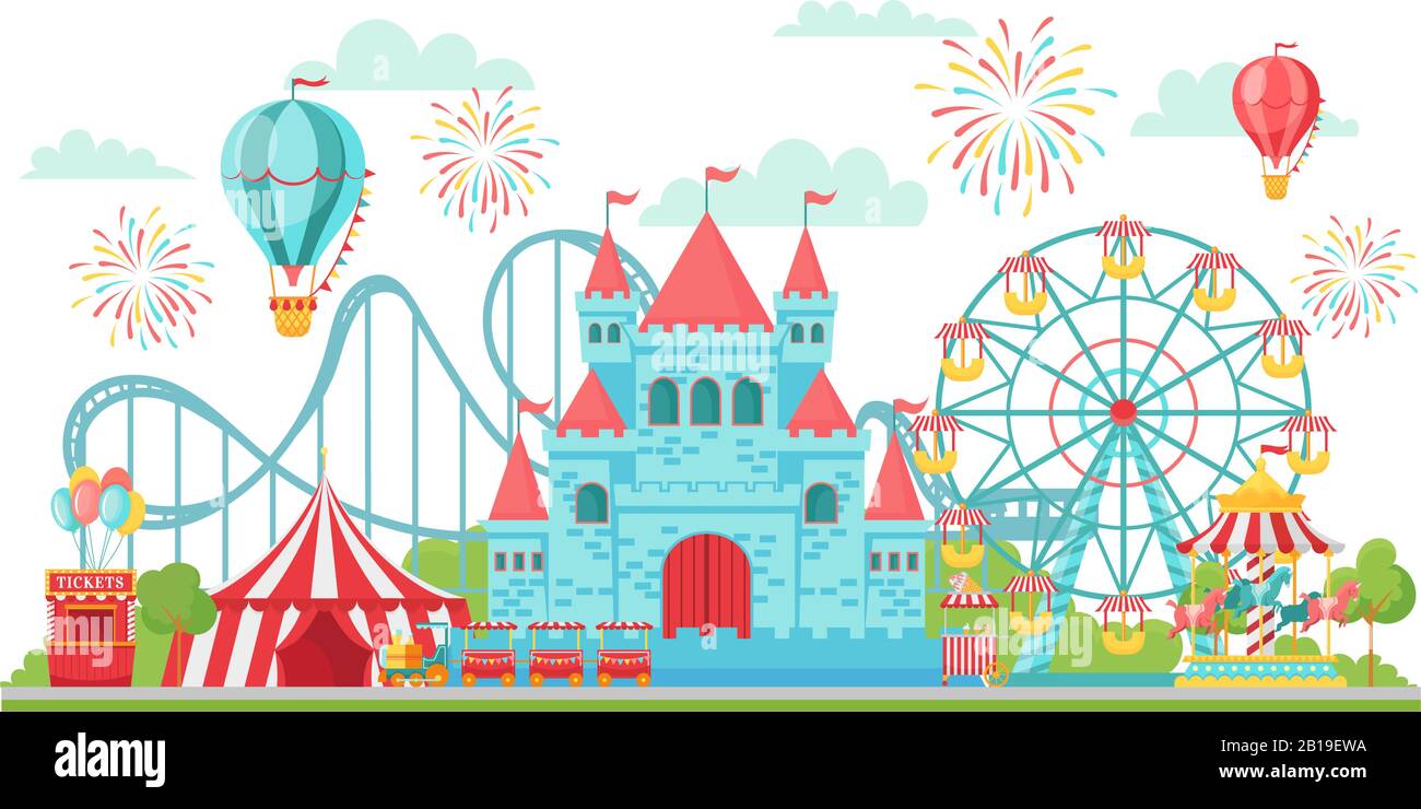 Amusement park. Roller coaster, festival carousel and ferris wheel attractions isolated vector illustration Stock Vector